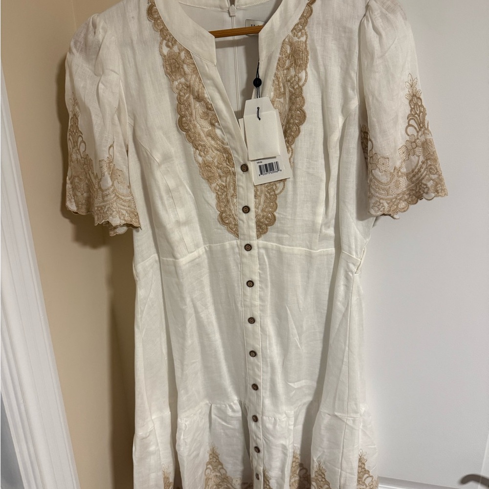 Hale Bob White Dress with Brown Lace Accents